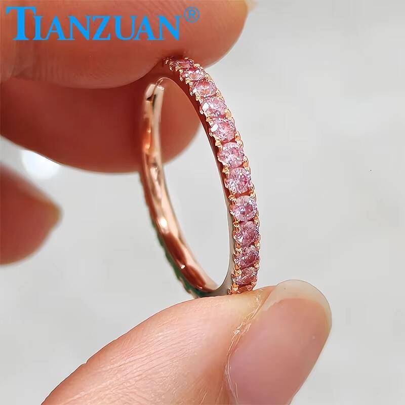 Pink Color 2mm Round Moissanite Full Eternity Ring Band Yellow / Rose Gold Plated S925 Silver Diamond Engagement Jewelry