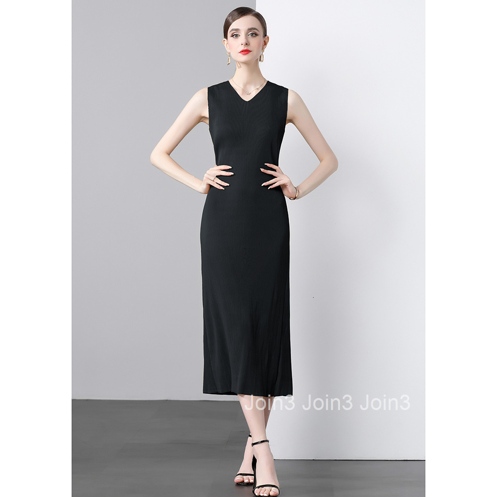 9221 Summer New Womens Fashion Pleated Slim Straight Dress V-neck Sleeveless Long Dress