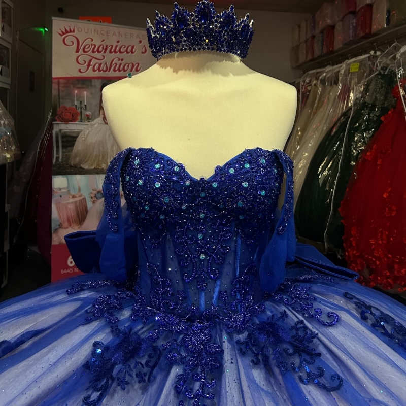 Royal Blue Shiny Quinceanera Dresses Ball Gown Off The Shoulder Applique Lace Beading Bow Tull Party Birthday Sweet 16 Dress Vestidos 15 anos
