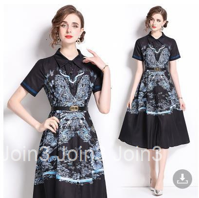 8538 summer new style lapel short sleeved mid to long cut waist slimming printed A-line dress