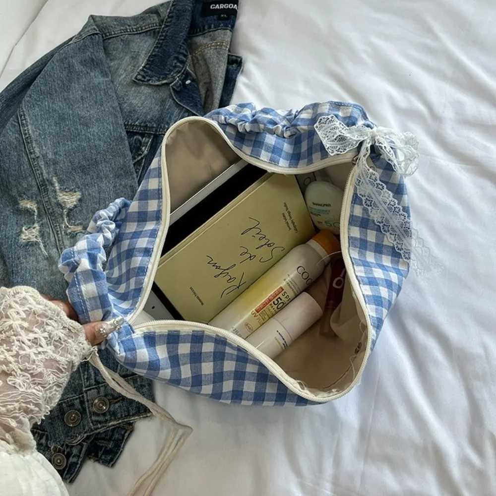 Casual Korean Hobos Shoulder Bag Half Moon Large Capacity Crossbody Bag Plaid Canvas Handbags Women Y250719