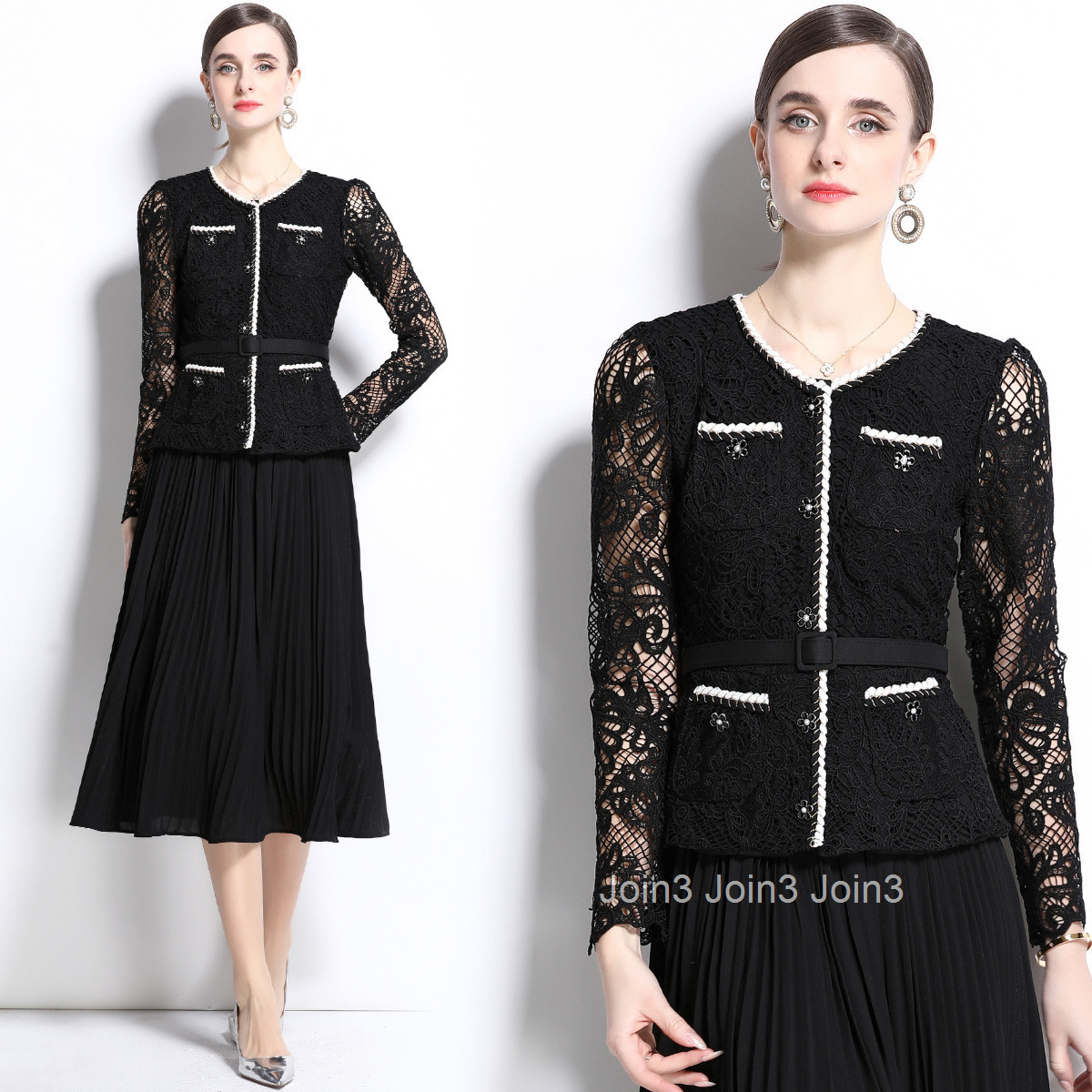 1680 Spring and Autumn New Womens Clothing Style Fashionable Fake Two piece Lace Hook Flower Long Sleeve pleated Dress