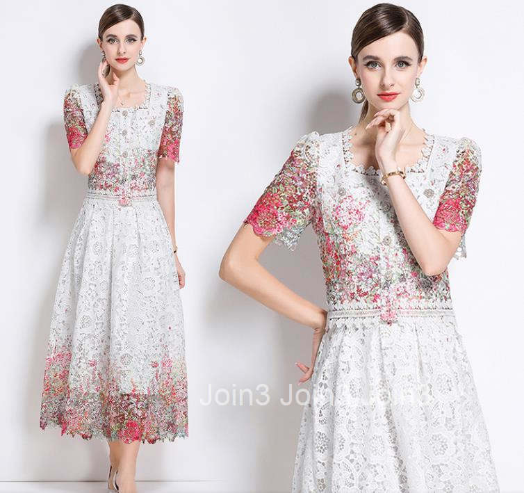 301 Fashionable Slimming Hollow Out Water-Soluble Lace Positioning Suit Dress