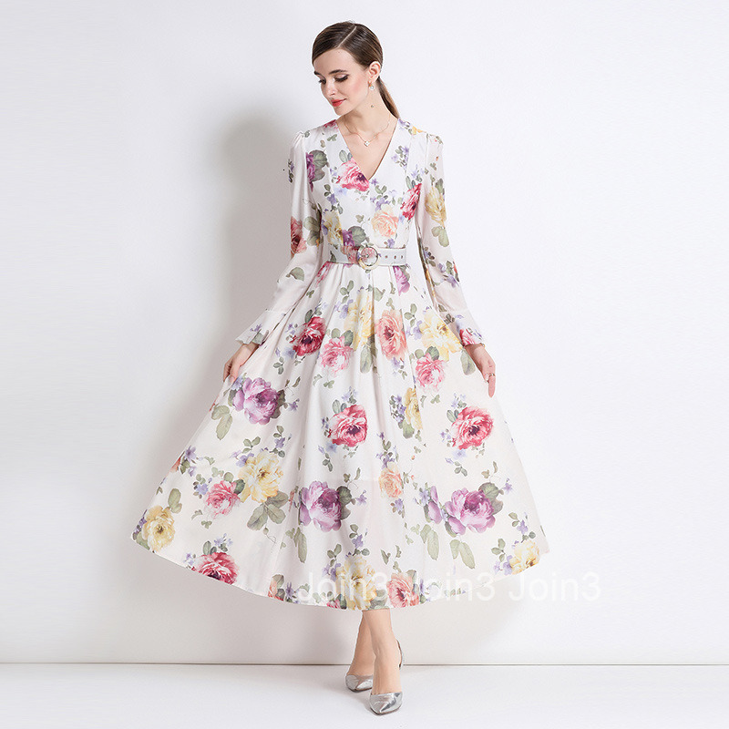 6691 Autumn New Deep Neck Flared Sleeve Printed Long Maxi Dress