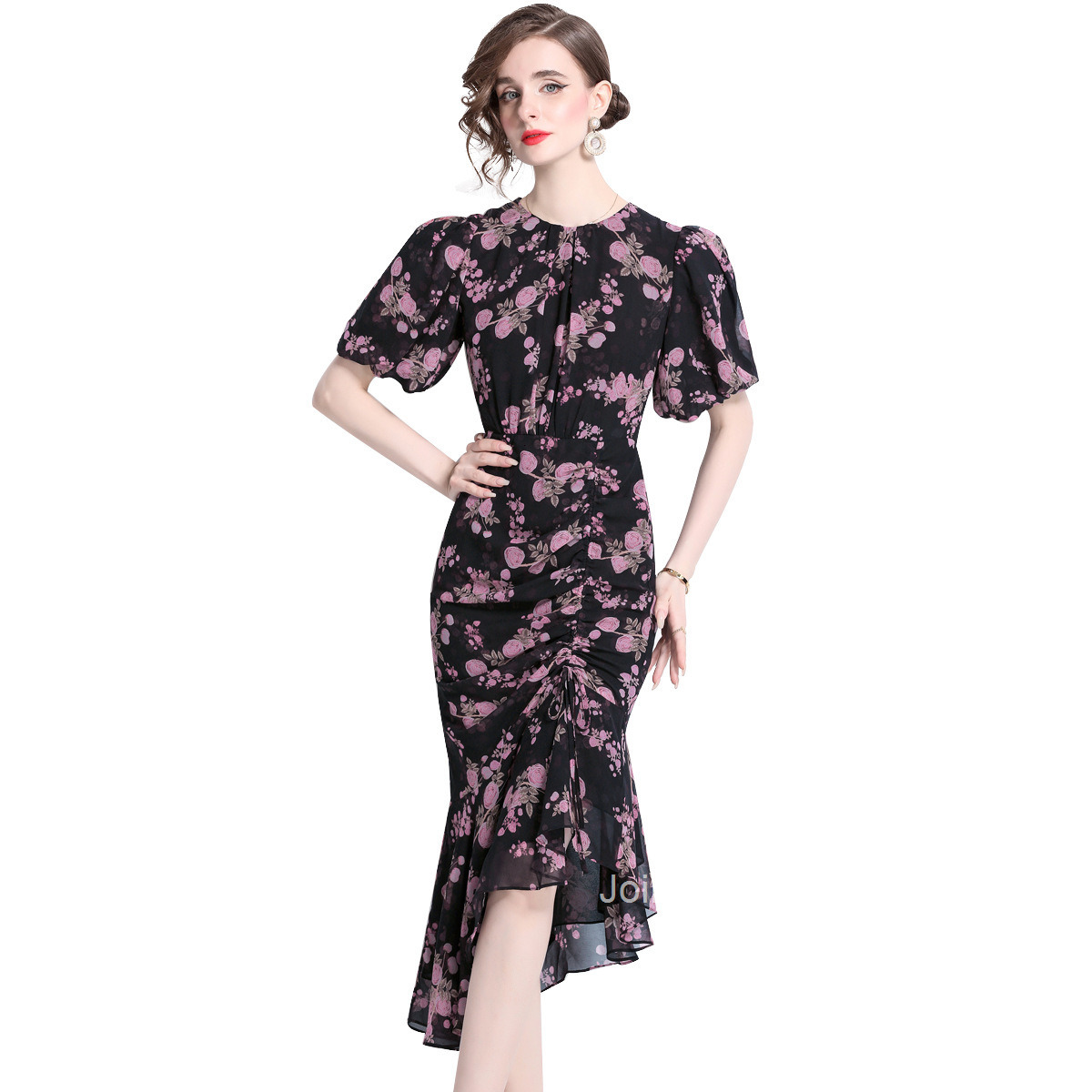 5835 Summer New Womens Fashion Elegant Mermaid Hem Floral Dress Lantern Sleeve Ruched Long Dress