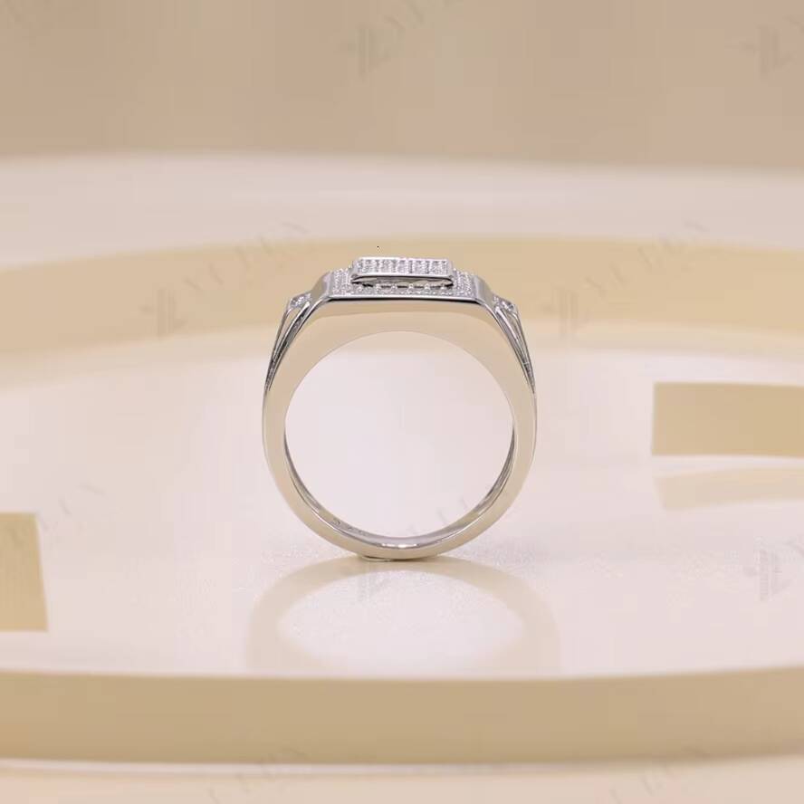 Hip Hop Mens Sterling Silver Square Moissanite Ring Luxury Design Micro Pave Setting Moissanite Men Ring Jewelry for Groomsmen