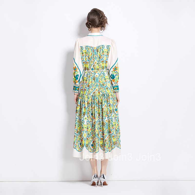 1210 Spring and Autumn New Cotton Linen Turn-Down Collar Lantern Sleeve Printed Long Dress