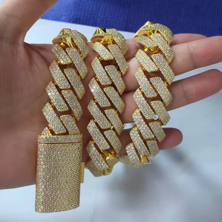 Factory Wholesale Custom 20mm 3 Rows Vvs Moissanite Cuban Link Chain Bracelet 925 Silver Men Hip Hop Cuban Chain Necklace