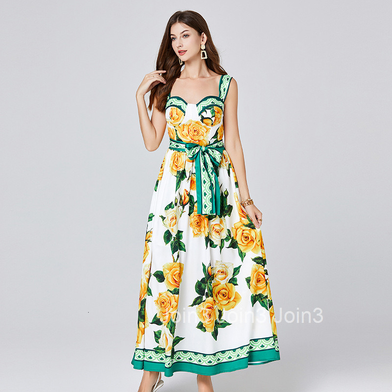 697 Summer New Womens Fashion Elegant Printed Strap Long Dress Slim Fit High Waist Flared Dress