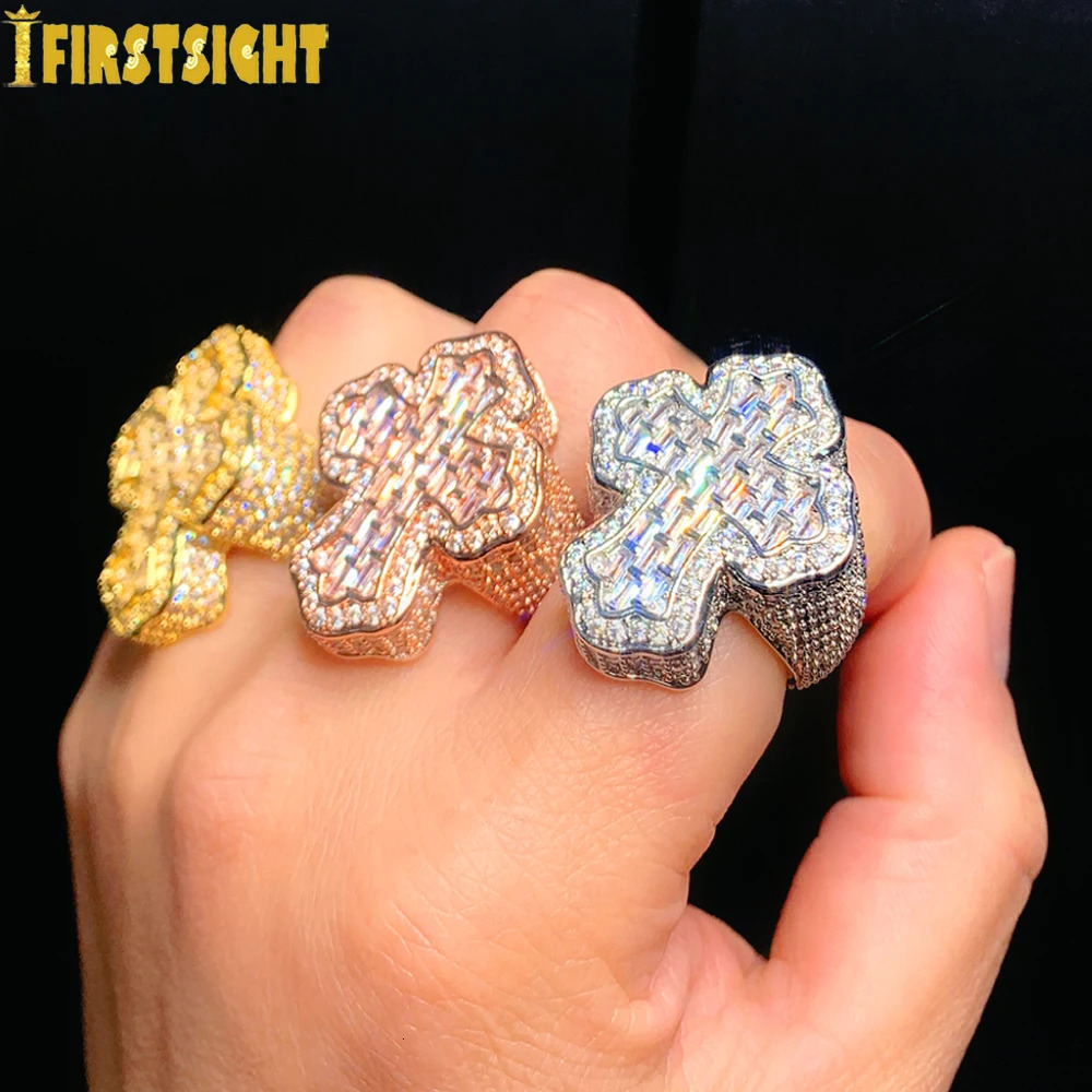 iced Out Bling Cross Finger Ring Silver Color Cubic Zirconia Prong Setting CZ Stone for Men and Women Hip Hop Fashion Jewelry 250717