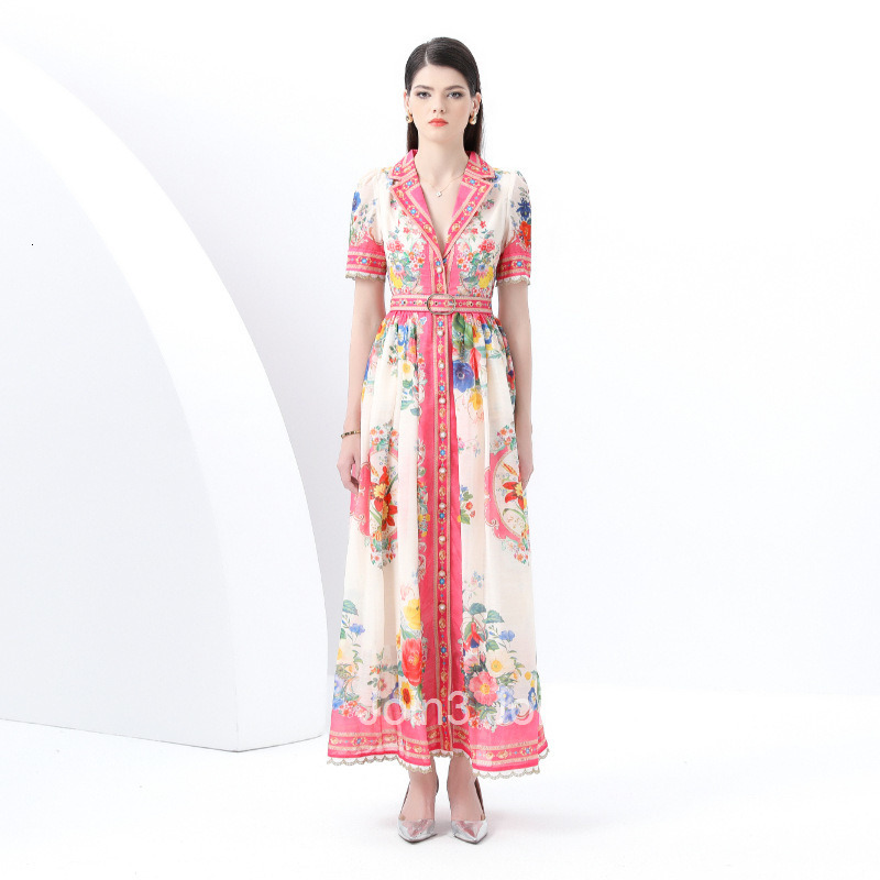 6055 Early Spring New Womens Vacation Style Blazer Collar Single-Breasted Printed Flared Long Dress