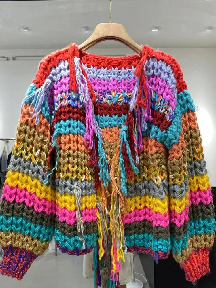 Rainbow Color Tassel Front Chunky Knit Cardigan Winter Women Handmade Sweater Niche Knitwear Outfit 250716