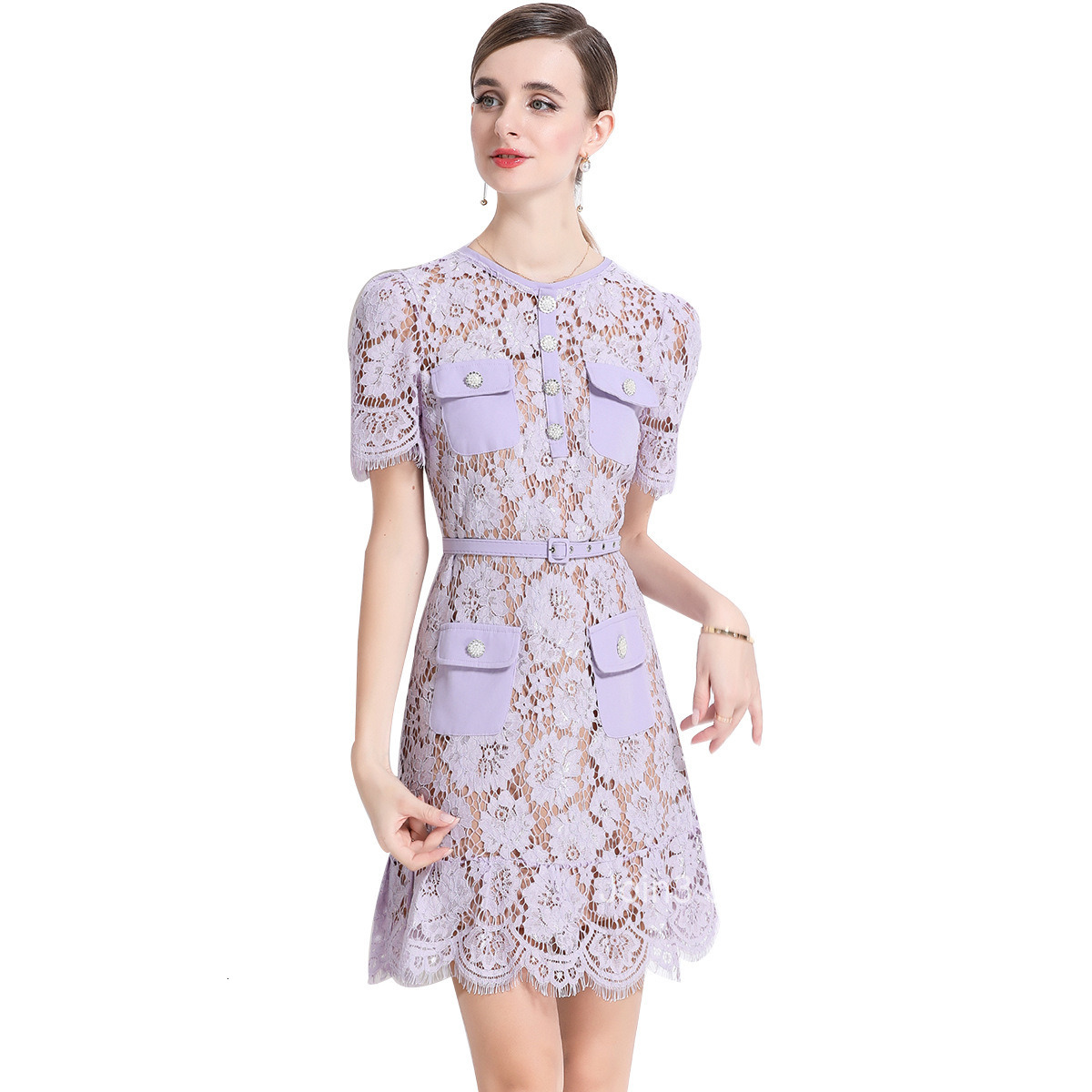 5883 Summer Lace Round Neck Short Sleeve Waist-Cinching Dress Womens New French Style