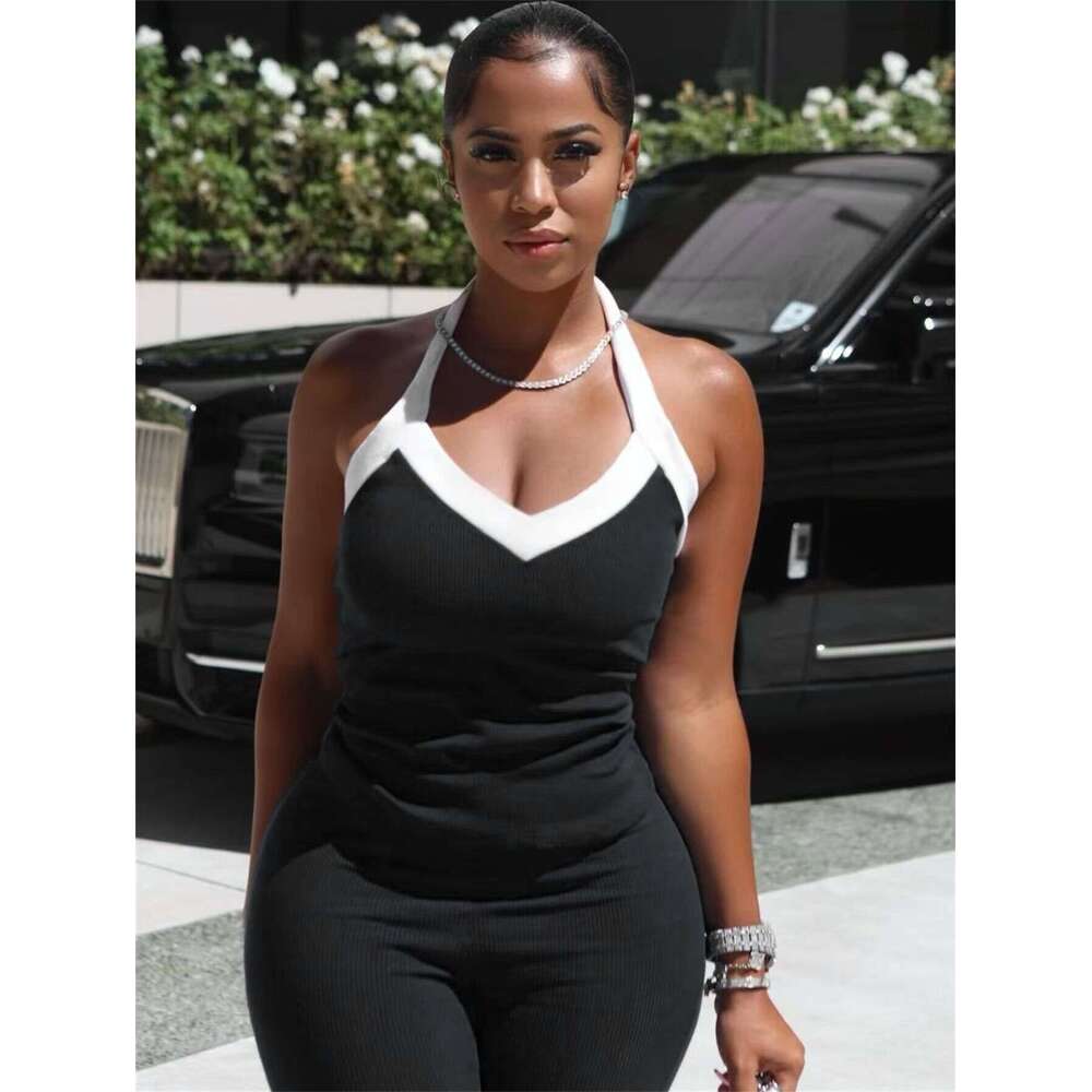 Summer Cross-Border European and American New Fashion Elastic Color-Block Halter Design Tank Top Tight Mid-Length Pants Set for Women