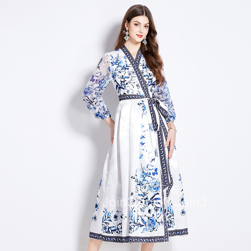 2562 Spring and Autumn New Womens V-neck Ethnic Style Long Sleeve Printed Waist Tie Long Dress