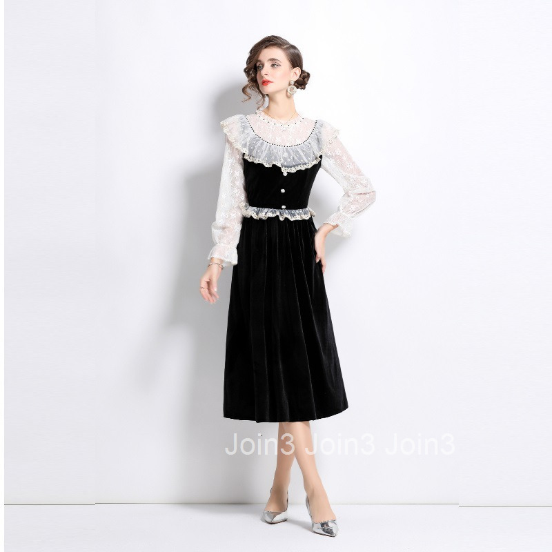 8039 Autumn/Winter New Womens Lace Edge Black Velvet Dress with Sweet Waist and Trumpet Sleeve Skirt