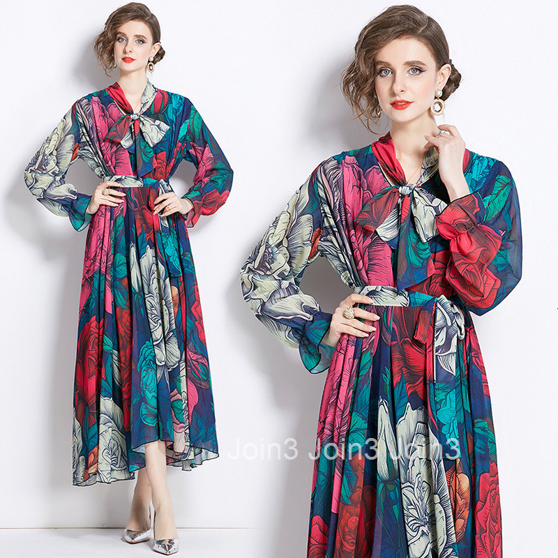 9357 Spring and Autumn New Womens Fashion Elegant Chiffon Printed Long Sleeve Slim Fit Flared Long Dress