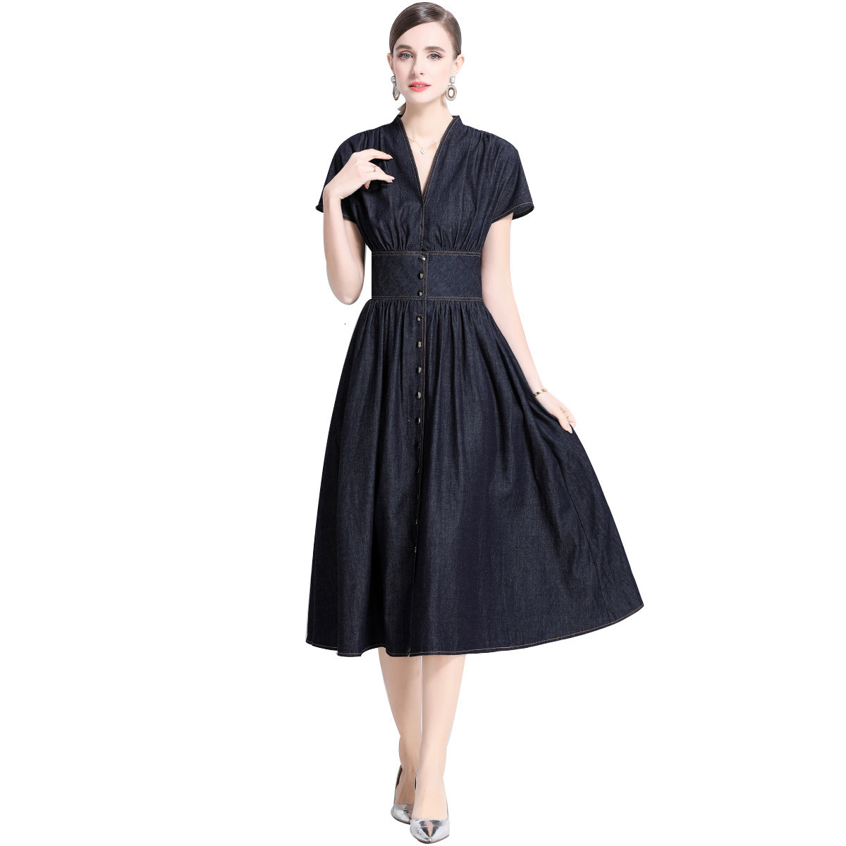 1683 Spring/Summer New Womens Clothing Style Fashion Cowboy Skirt Casual Waist Swing Long Skirt Dress
