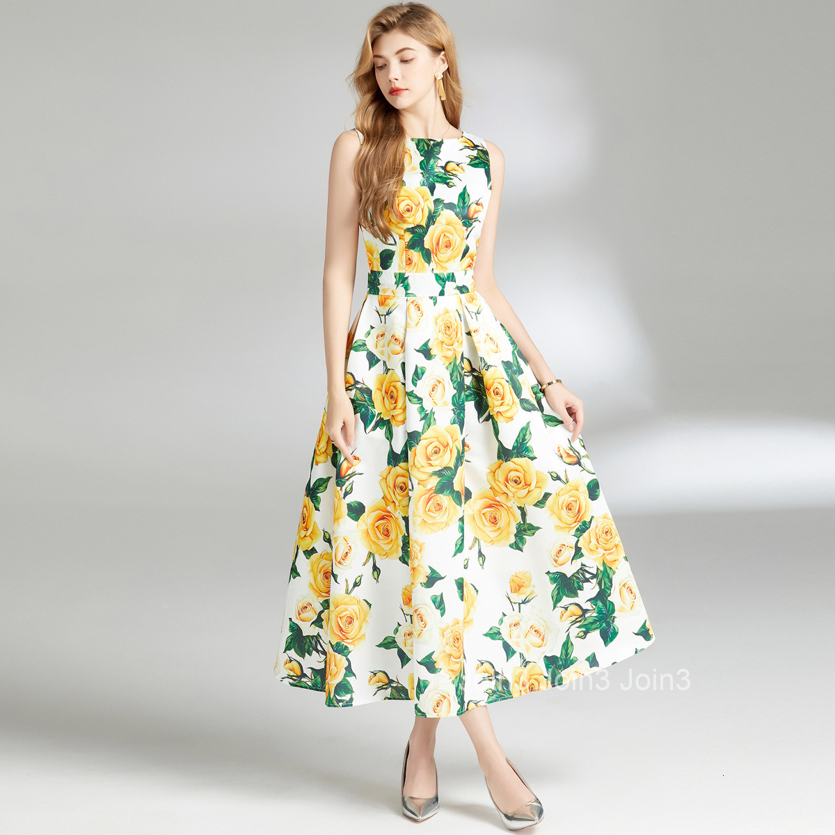 6839 Summer New Womens Fashion Elegant Printed Sleeveless High Waist Dress Waist-Cinching A-Line Long Dress