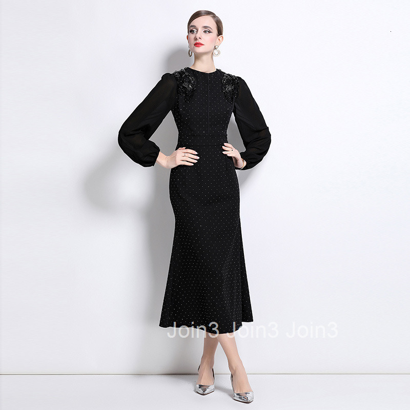 8801 New Elegant Heavy Rhinestone Round Neck Lantern Sleeve Long Dress