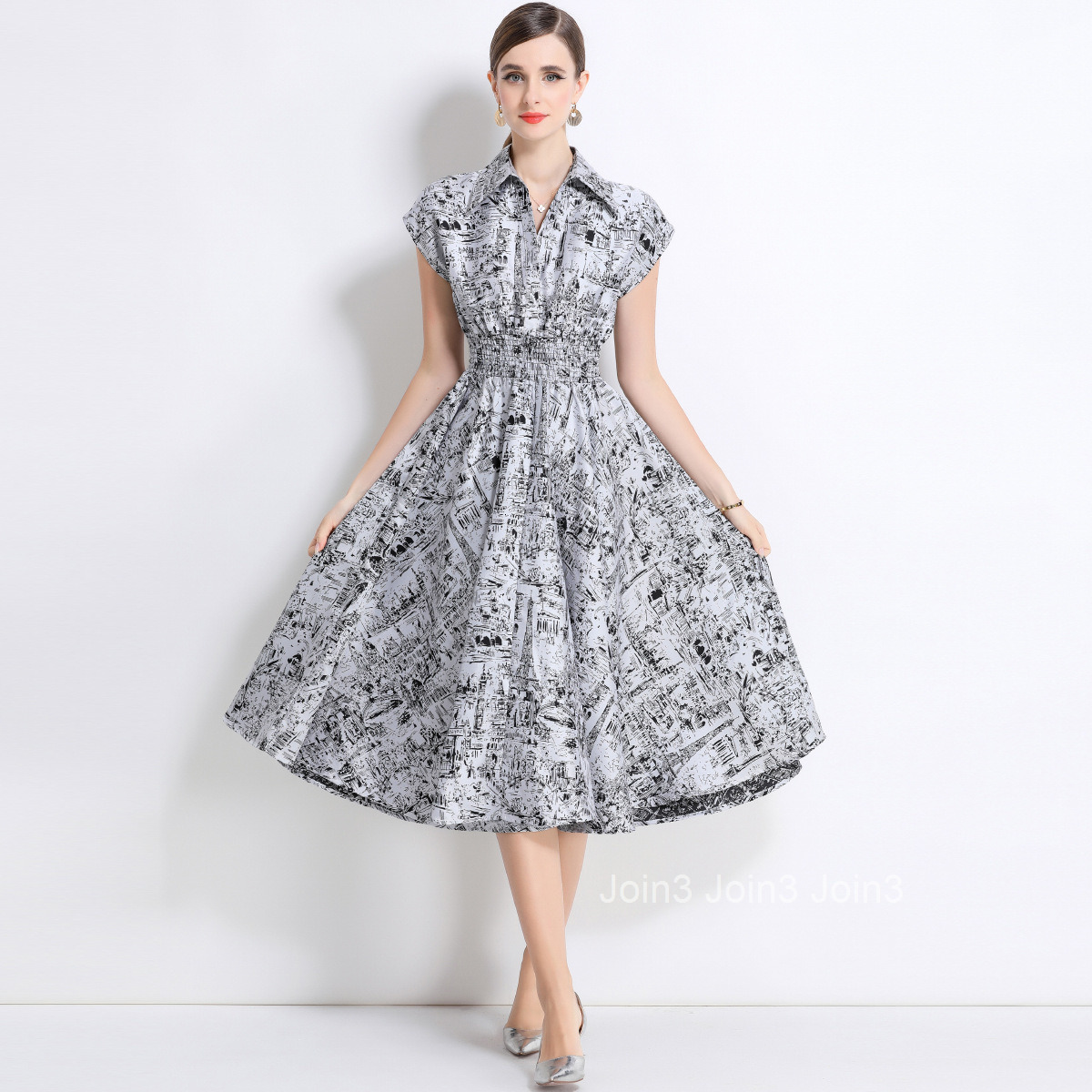 9635 Short Sleeve Dress for Women Waist-Cinching Slimming Ink Painting Jacquard Stylish Dress