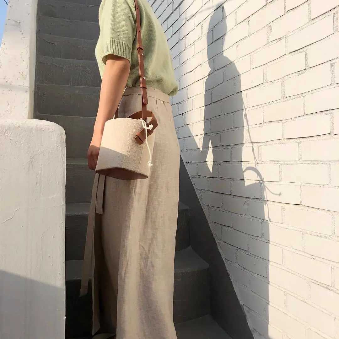 Summer Autumn New Canvas Splicing Leather Drawstring Bucket Bag Women Fashion Contrast Small Bag Single Shoulder Crossbody Bag Y250719