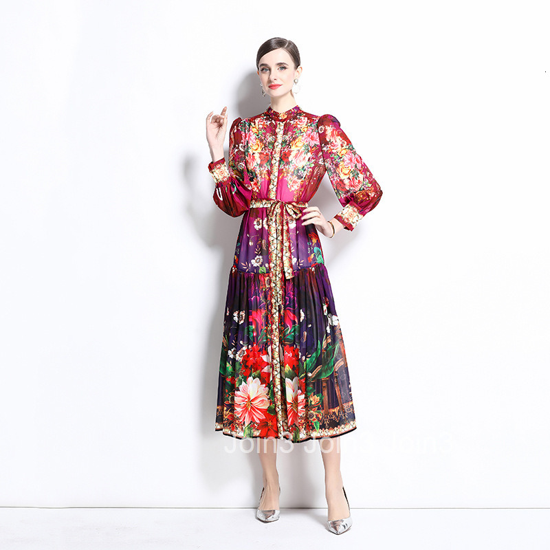 1241 Spring/Summer New Chiffon Stand up Collar Lantern Sleeve Printed Dress Long Skirt