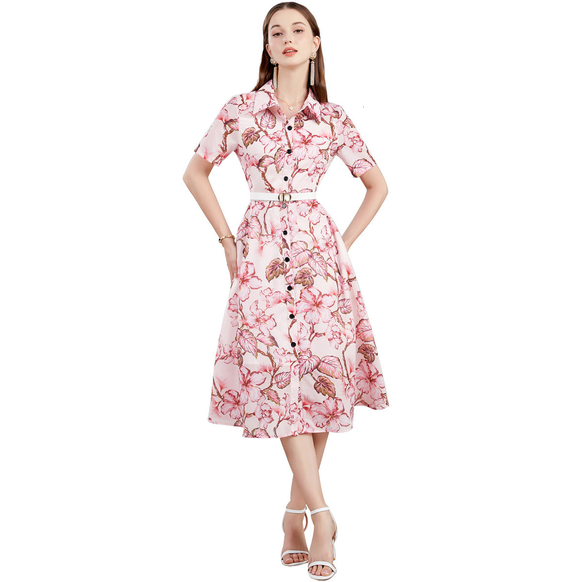6849 Summer New Womens Printed Waist-Cinching Flared Collar Short Sleeve Dress (With Belt)