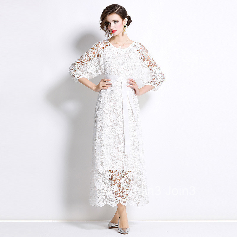 6956 Autumn New Womens Style Long Sleeve Round Neck Hollow A-line Lace Dress Long Skirt