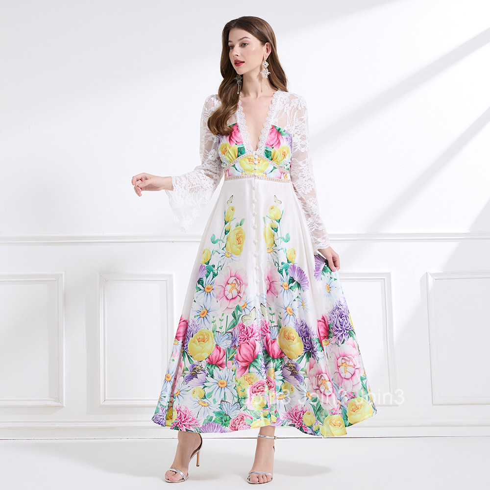 2183 Spring New Womens Fashion Elegant Vacation Style Lace Trim Patchwork Print Waist-Cinching Long Dress
