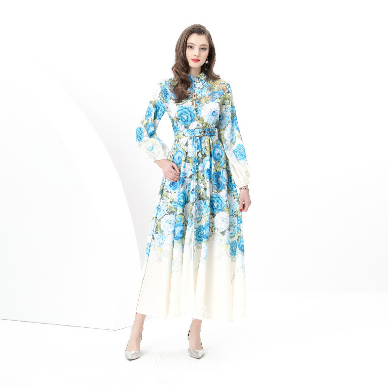 8852 Early Spring New Womens Vacation Style Stand Collar Lace Patchwork Printed Flared Long Dress