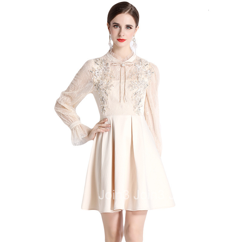 989 Spring and Autumn New Womens Fashion Elegant Beaded High Waist Slimming Mesh Long Sleeve Patchwork A-line Dress