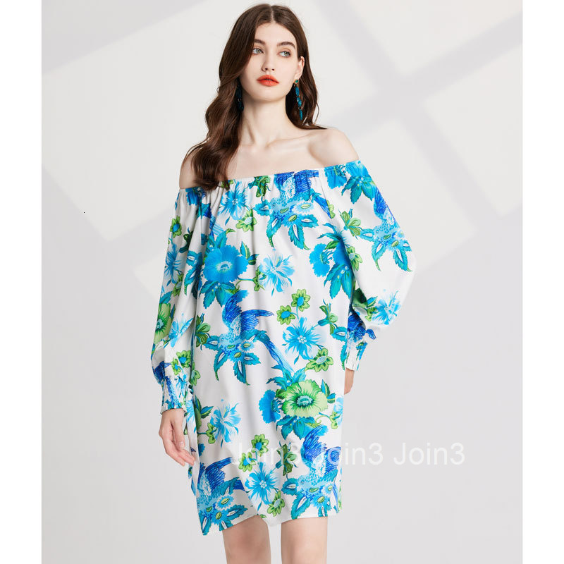037 Summer New Womens Fashionable Printed Off-Shoulder Long Sleeve Loose Short Dress