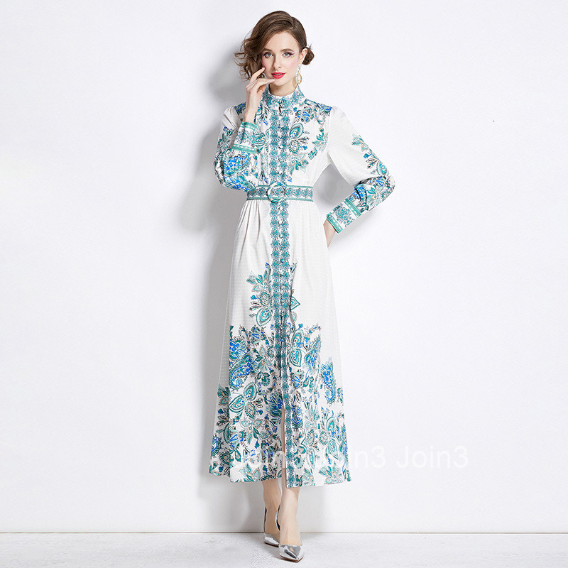 8747 Spring and Autumn new womens clothing style fashionable Elegance style standing collar long skirt printed dress