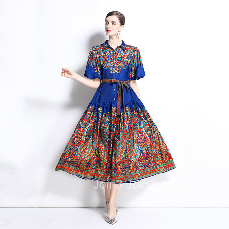 2025 Spring/Summer New Cotton Hemp Collar Lantern Sleeve Printed Dress Long Skirt