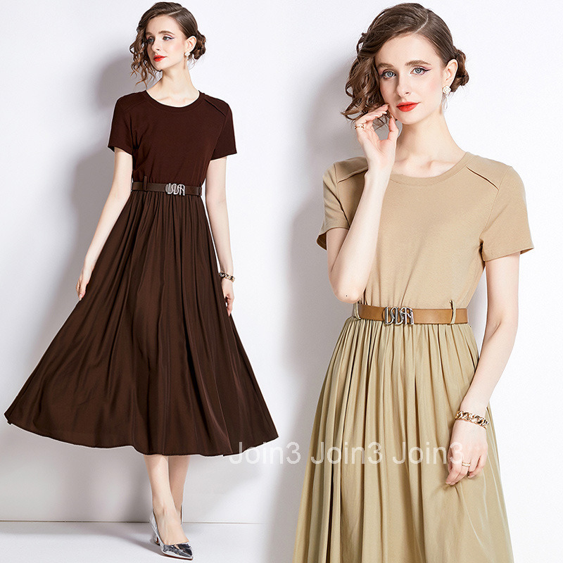 6012 Fashionable Mature Style Elegant Round Neck Short Sleeve Summer Waist Slimming Flared Long Dress