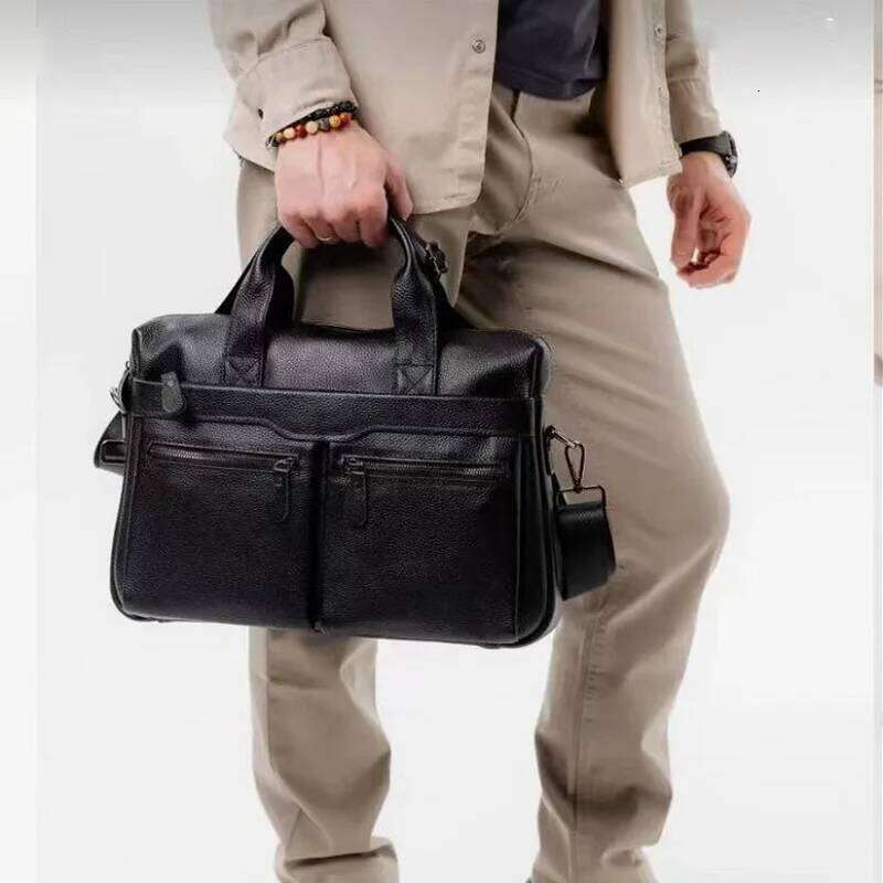 100% Genuine Leather Men's Briefcase Handbag High Quality Cowhide 15-Inch Computer Business Commuting Shoulder Crossbody Bag