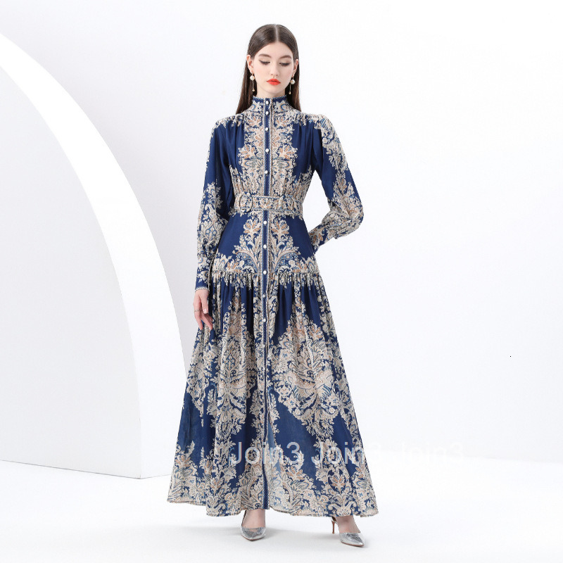 6165 Early Spring Breeze Stand Collar Lantern Sleeve Wave Edge Long Printed Dress