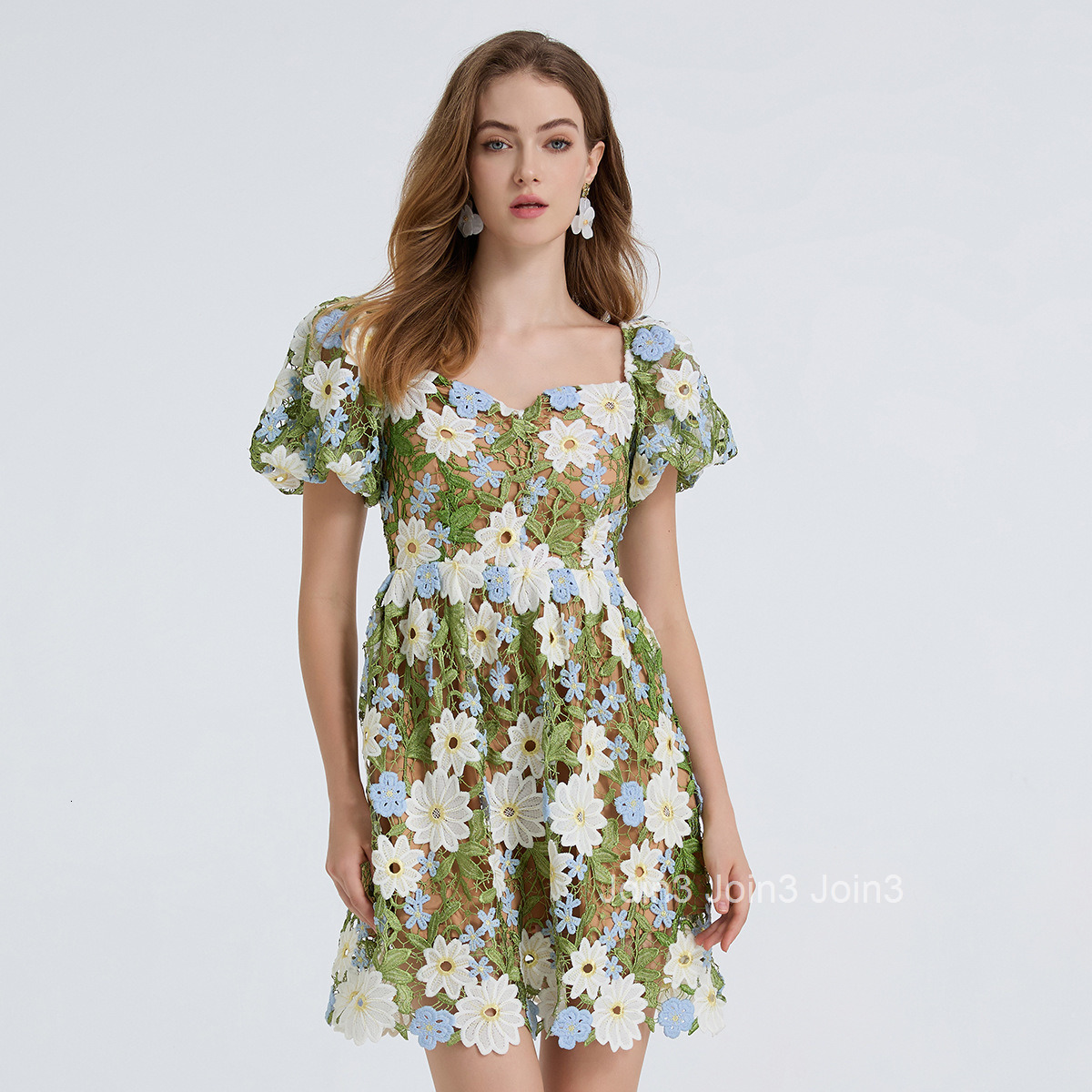 811 Fashion Heavy Craft Water-Soluble Lace Embroidery Puff Sleeve Dress Sexy Off-Shoulder Flared Dress