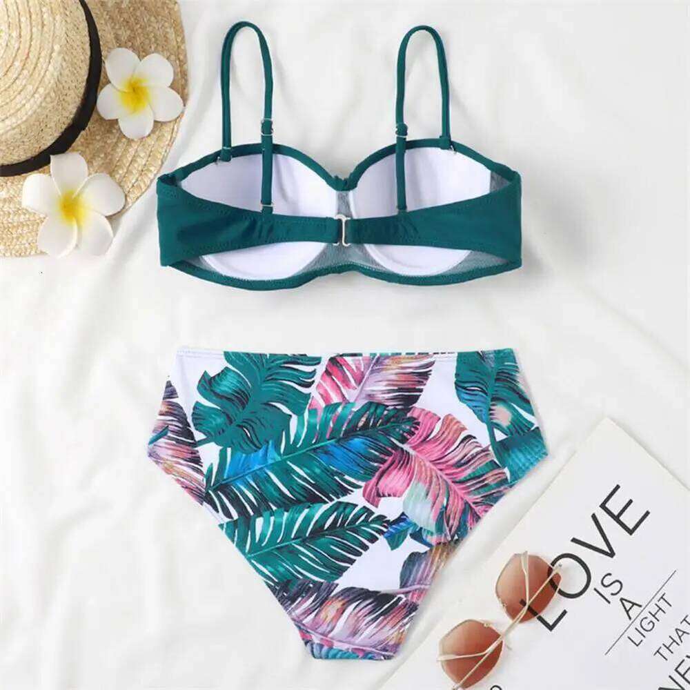 Set Solid Color Underwire Padded Push-Up Split Bikini Bra Print High Waist Bottoms Swimsuit Women Bathing Suit