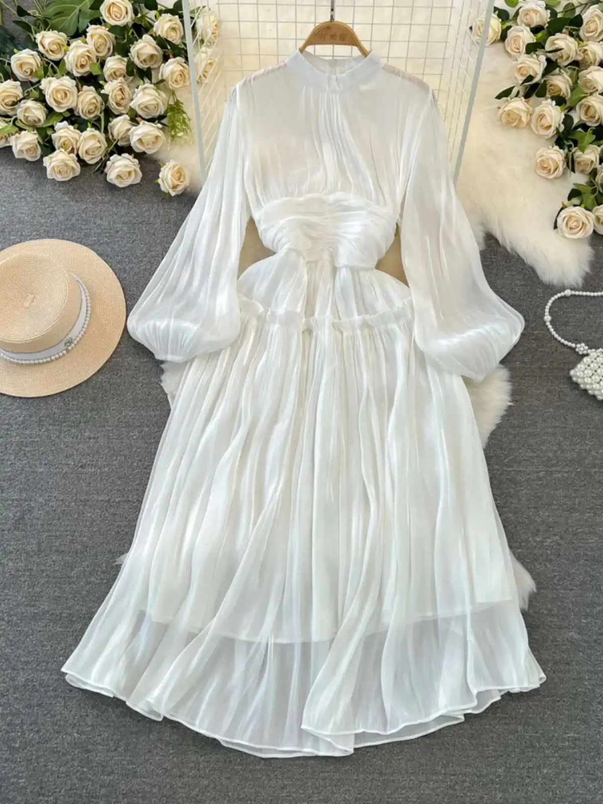 Elegant Long Sleeve Midi Party Dresses Women Summer Autumn Bright Faux Silk Retro Solid Evening Party Vestidos 250715