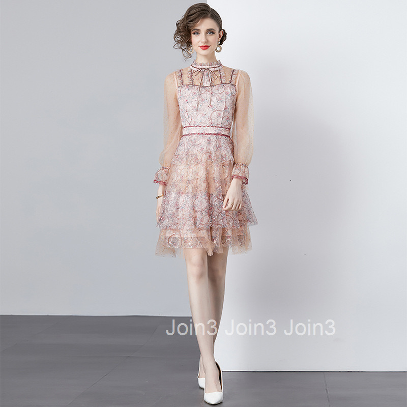 6891 Spring and Autumn New Womens Fashion A-line Cake Dress Elegant Long Sleeve Mesh Slim Fit Dress