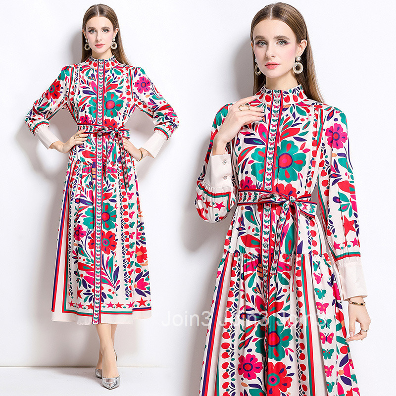 8780 Fashion Elegance Style Stand Collar Single-Breasted Printed Dress