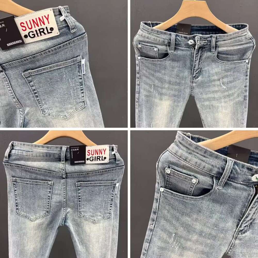 Summer Distressed Light-colored Wear-resistant Jeans for Men, Nine-tenths Length, Trendy Brand, Stylish Korean Version, Versatile Slim Fit, Skinny 9/1