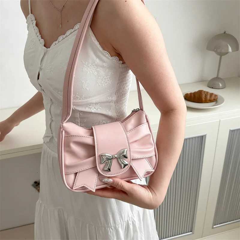 Sweet Bow Small Underarm Bag for Women Fashion PU Leather Ladies Portable Shoulder Bags Solid Color Female Clutch Handbags Y250719