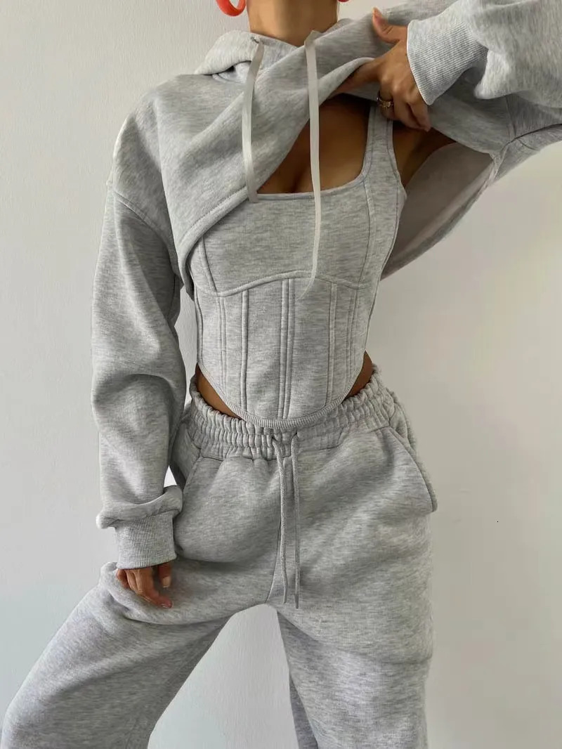 Y2K Corset and Hoodies Pants Sets Sexy Strap Crop Tops Patchwork Fishbone Bandage Corsets Casual Jogger Elastic Waist Pants Suit 250714