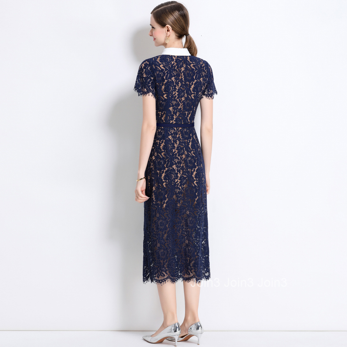 5873 Elegant Temperament White Shirt Collar Hollow Out Slim Waist Bodycon Lace Slimming Dress with Inner Camisole