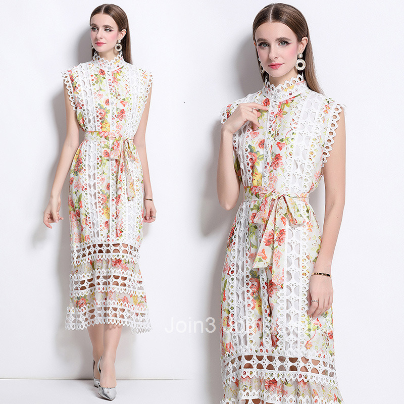 5151 French Style Elegant Elegance Hollow Lace Dress Summer Stand Collar Slimming Dress for Women