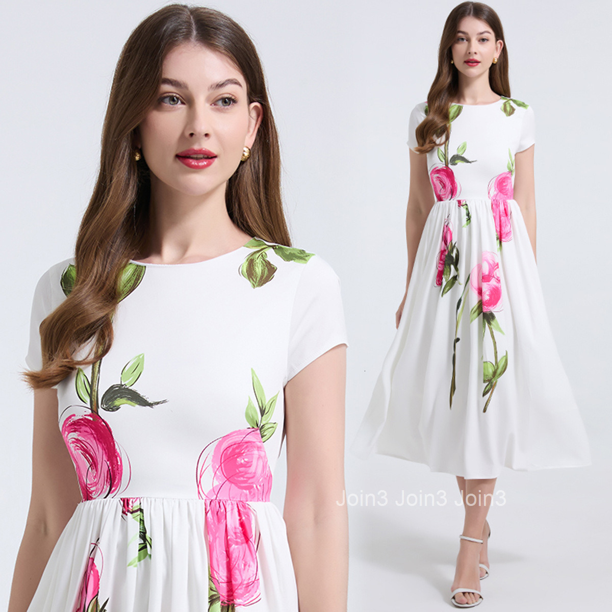 754 Pink Floral Waist-Cinching Slimming Flared Dress Elegant and Youthful Short Sleeve Dress