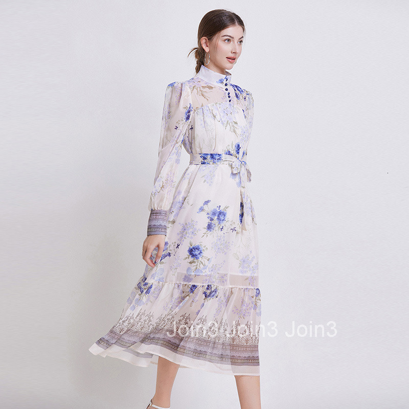 6602 Spring/Summer New Womens Fashion Style Printed Long Sleeve Chiffon Dress with Waist cinching and slimming Long Skirt